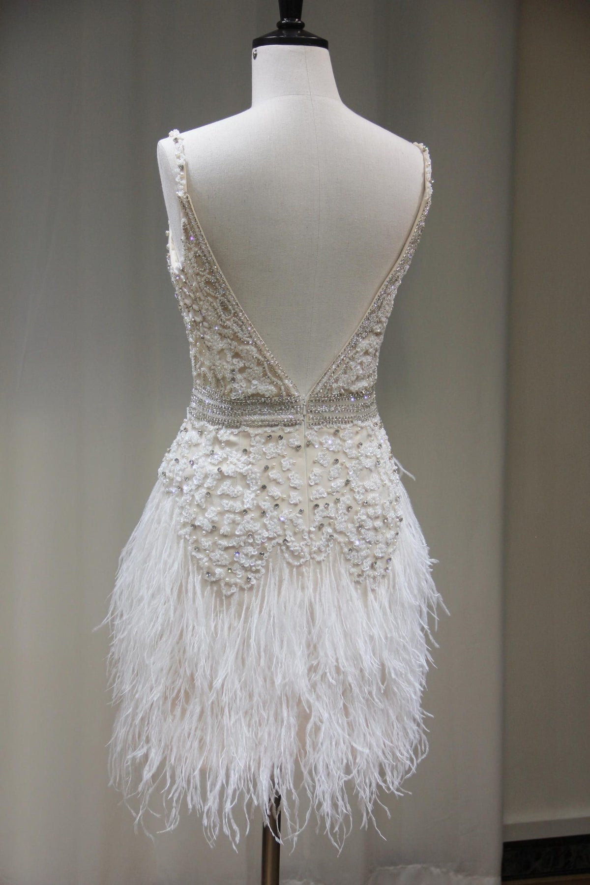 Sparkly Rhinestone Feather Mini Dress, Plunge V Neck Spaghetti Strap Cocktail Dress, Short Wedding Reception & Bachelorette Dress
