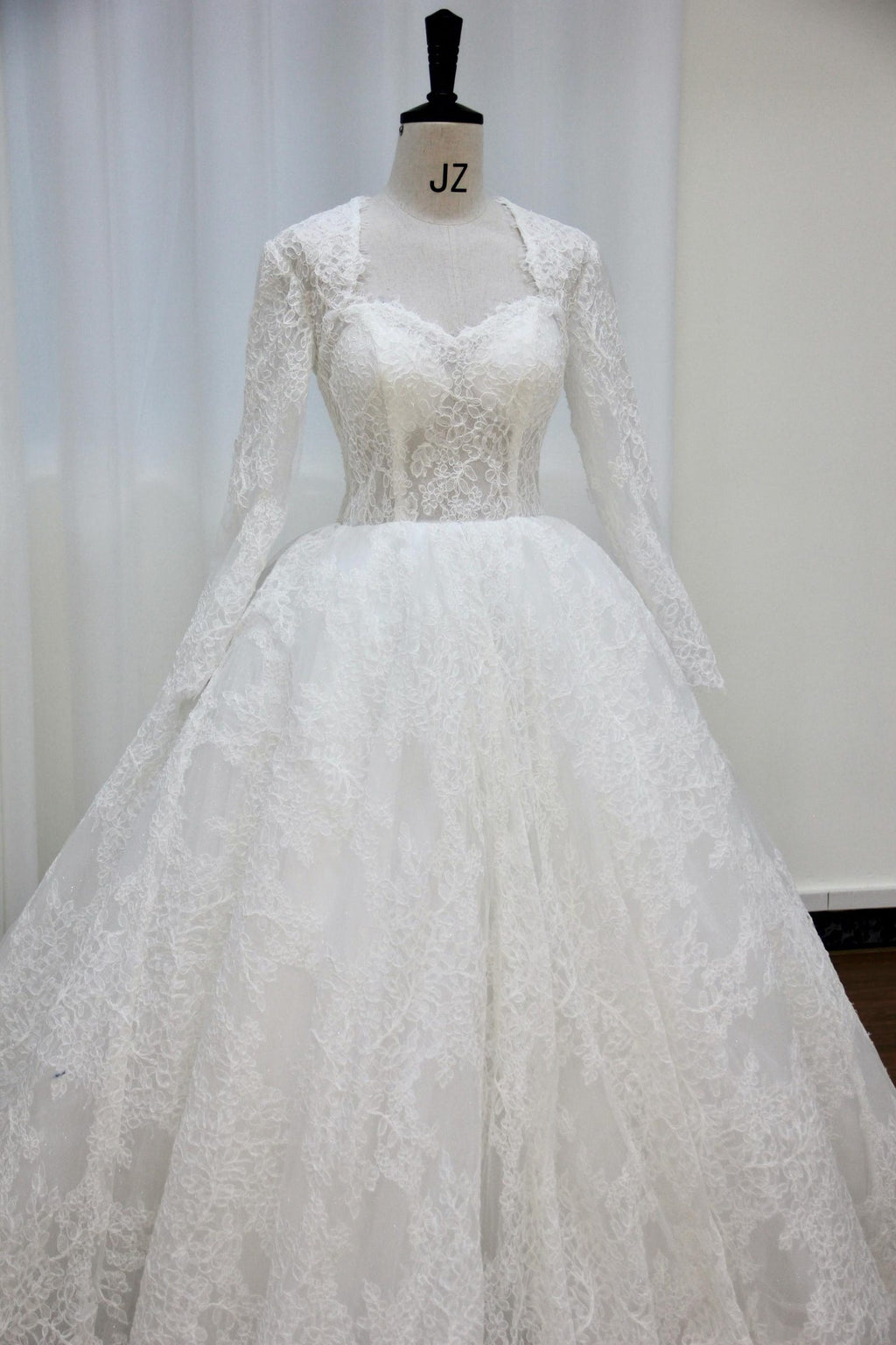 Long Sleeve Lace Ballgown Wedding Dress, Sweetheart Neck Sheer Corset Bridal Gown, Full Lace Voluminous Tulle Wedding Dress