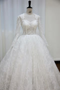 Long Sleeve Lace Ballgown Wedding Dress, Sweetheart Neck Sheer Corset Bridal Gown, Full Lace Voluminous Tulle Wedding Dress