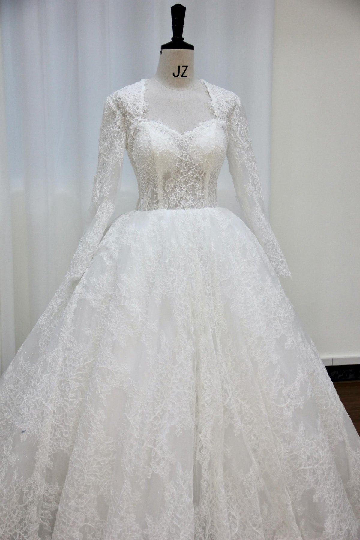 Long Sleeve Lace Ballgown Wedding Dress, Sweetheart Neck Sheer Corset Bridal Gown, Full Lace Voluminous Tulle Wedding Dress