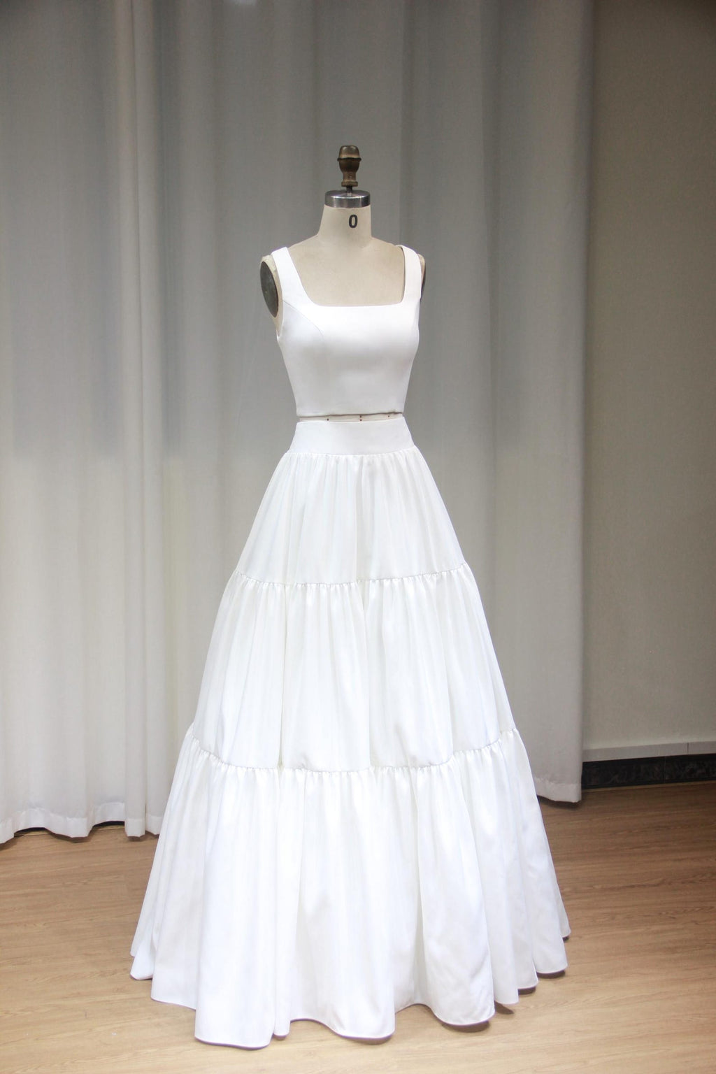 Two Piece Satin Wedding Dress, Square Neck Tank Top Tiered Skirt Bridal Gown, Minimalist Separates Wedding Outfit