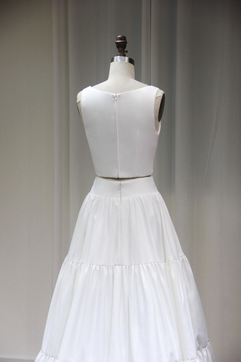 Two Piece Satin Wedding Dress, Square Neck Tank Top Tiered Skirt Bridal Gown, Minimalist Separates Wedding Outfit