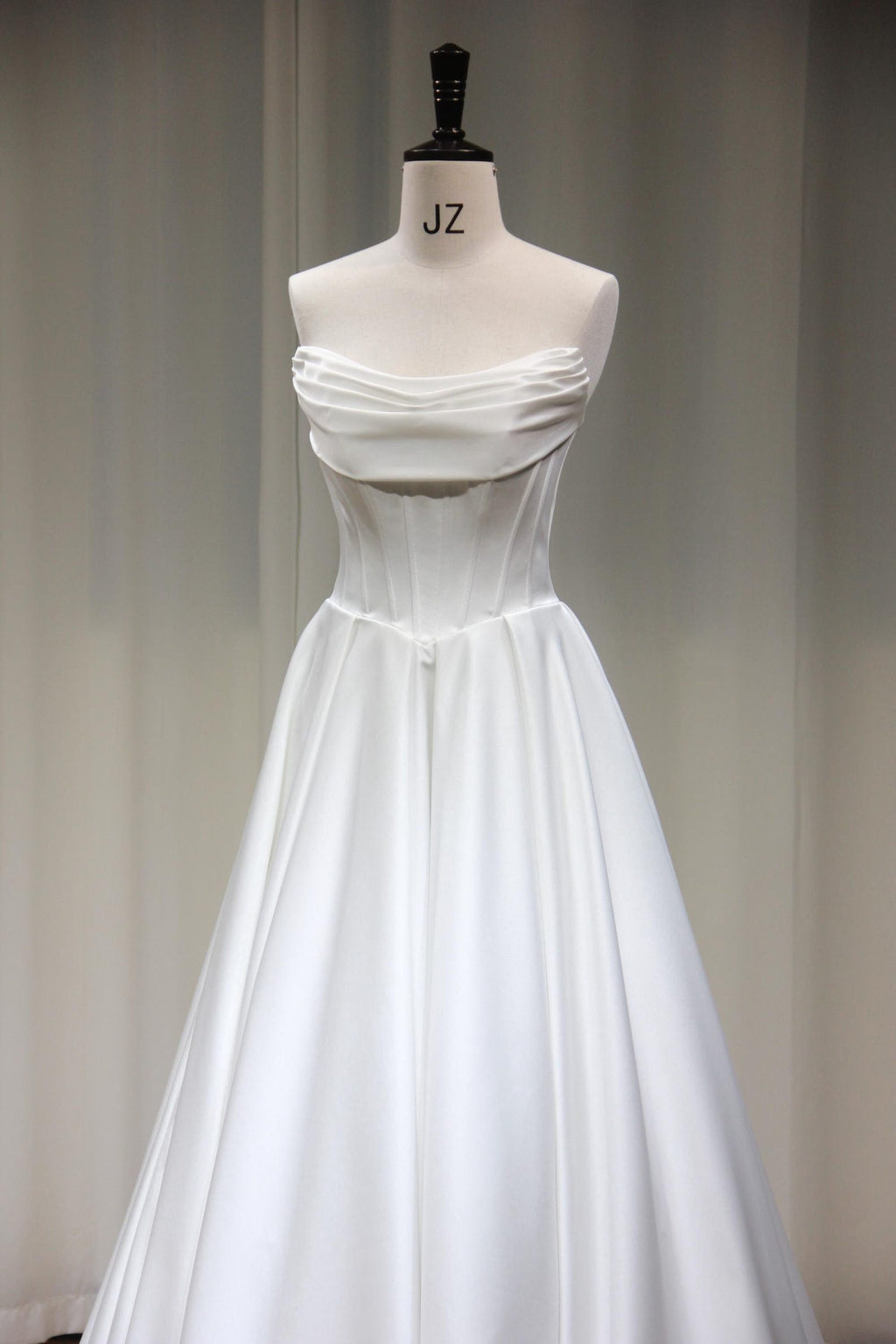 Strapless Draped Satin Ballgown Wedding Dress, Structured Corset Bridal Gown, Simple A-Line Satin Wedding Dress with Train