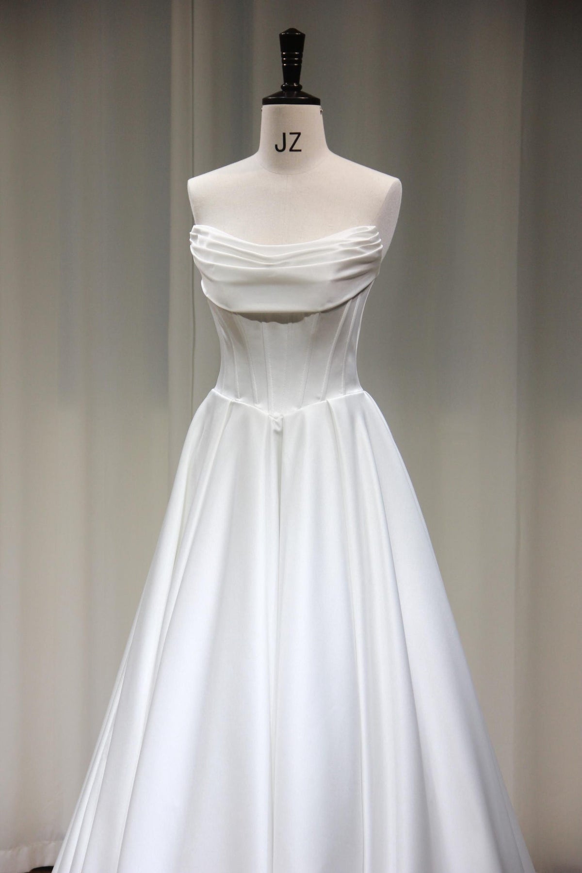Strapless Draped Satin Ballgown Wedding Dress, Structured Corset Bridal Gown, Simple A-Line Satin Wedding Dress with Train