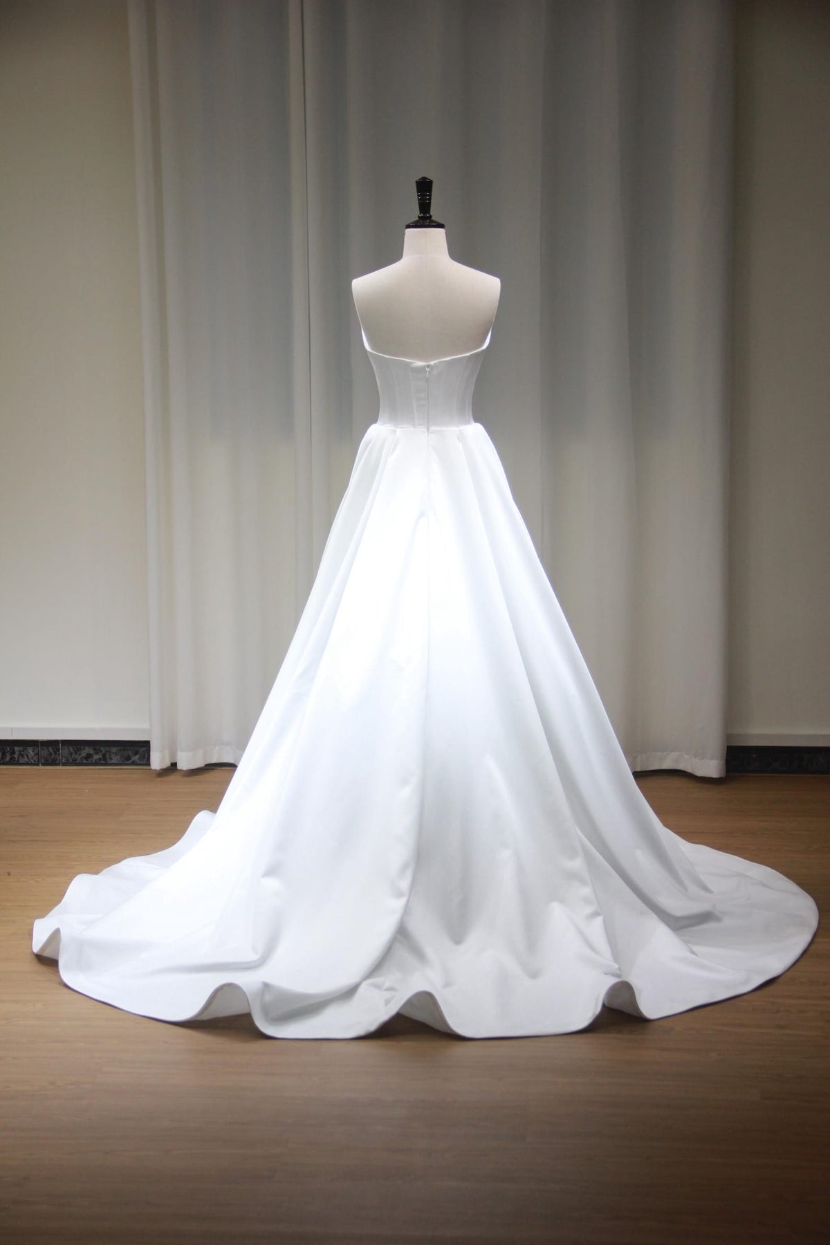 Strapless Draped Satin Ballgown Wedding Dress, Structured Corset Bridal Gown, Simple A-Line Satin Wedding Dress with Train
