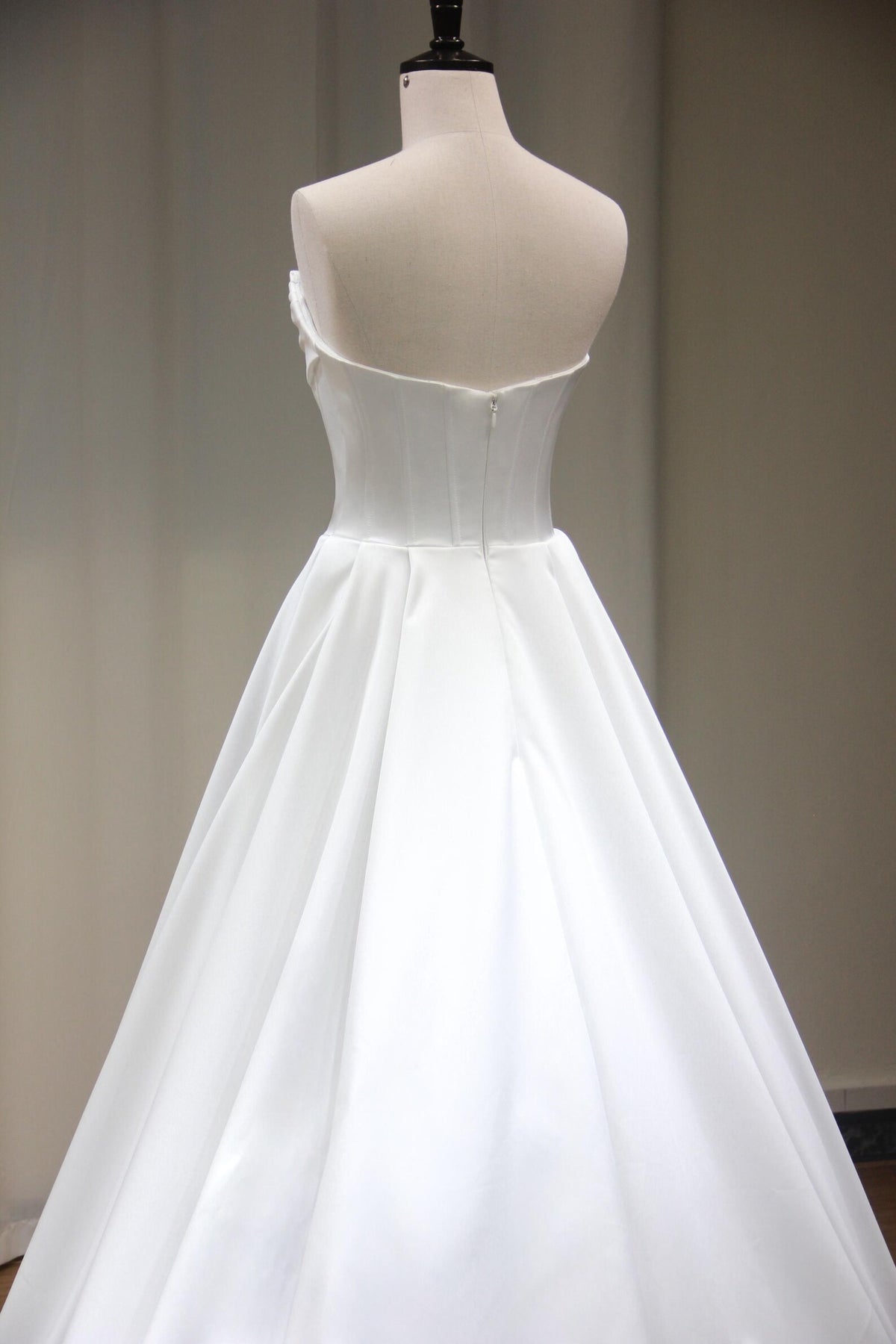 Strapless Draped Satin Ballgown Wedding Dress, Structured Corset Bridal Gown, Simple A-Line Satin Wedding Dress with Train