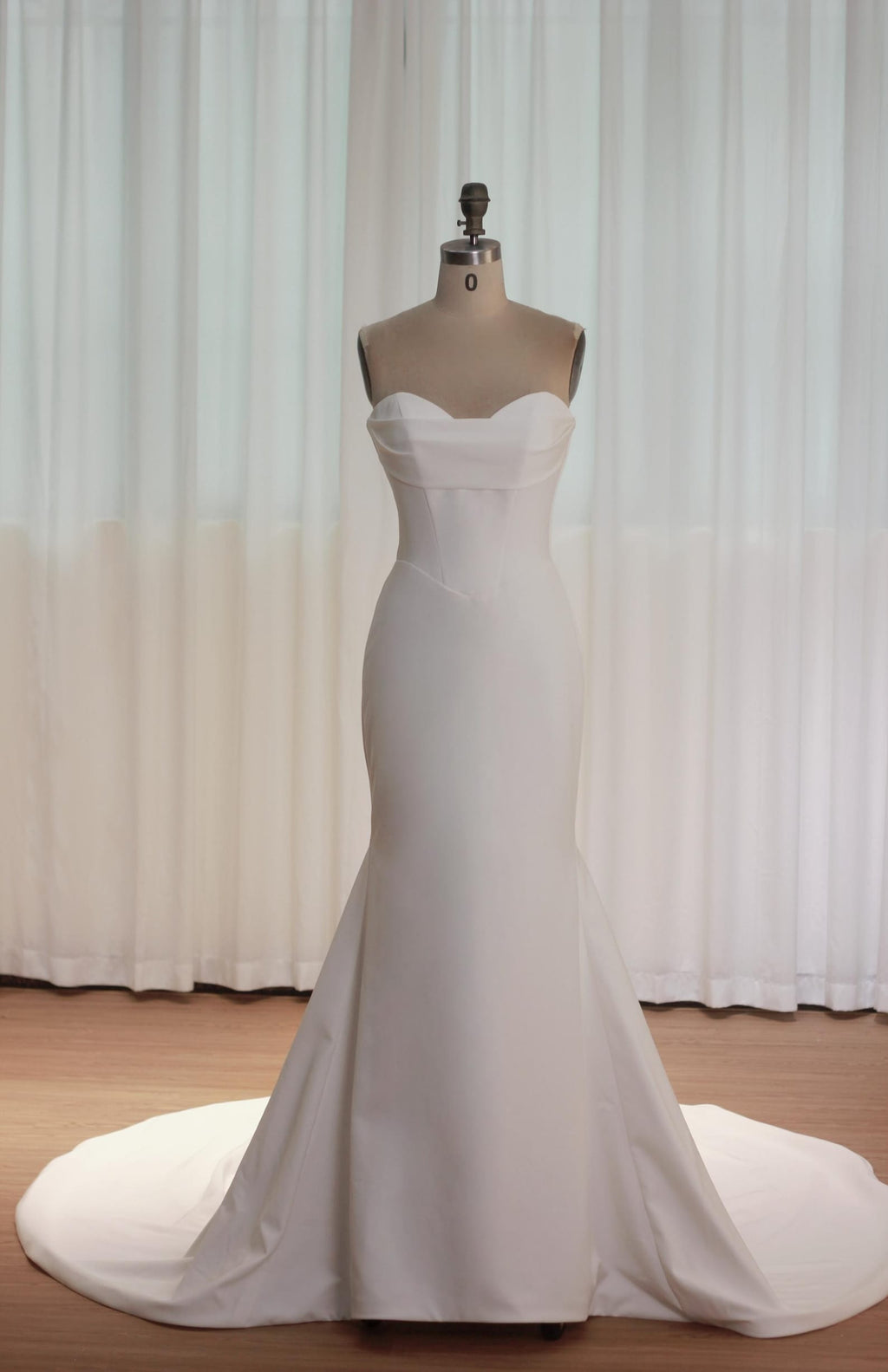 Strapless Draped Sweetheart Mermaid Wedding Dress, Structured Corset Satin Bridal Gown, Minimalist Wedding Dress with Train