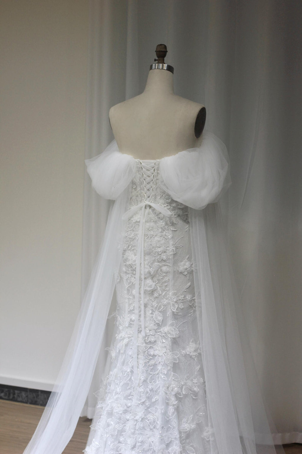 Off Shoulder Tulle Sleeve Mermaid Wedding Dress, 3D Floral Lace Bridal Gown, Deep V Sparkly Beaded Wedding Dress with Train
