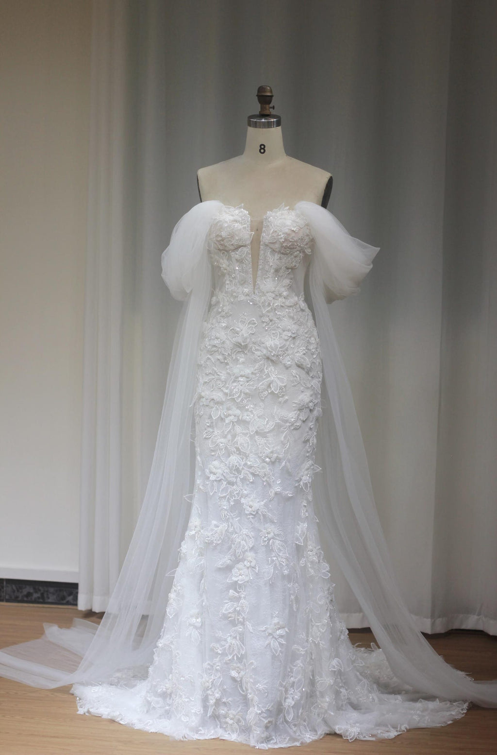 Off Shoulder Tulle Sleeve Mermaid Wedding Dress, 3D Floral Lace Bridal Gown, Deep V Sparkly Beaded Wedding Dress with Train