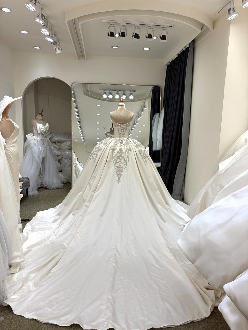 Luxury Satin Ball Gown Wedding Dress, Off Shoulder Beaded Bridal Gown, Cathedral Train Custom Wedding Gown