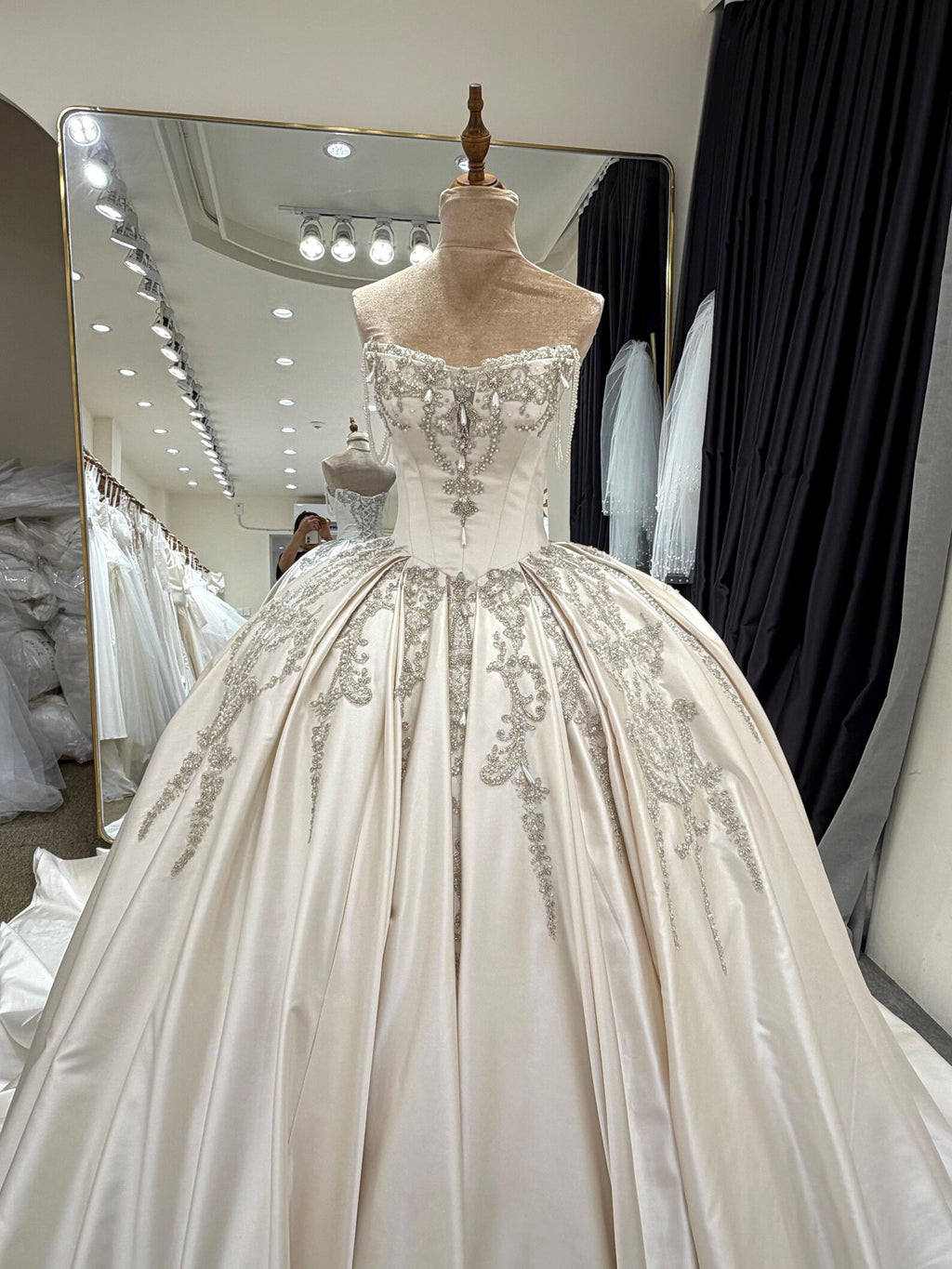 Luxury Satin Ball Gown Wedding Dress, Off Shoulder Beaded Bridal Gown, Cathedral Train Custom Wedding Gown