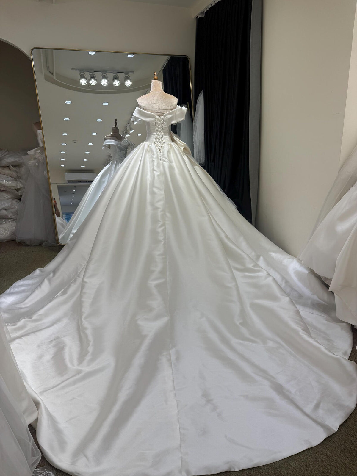 Off Shoulder Ruffled Satin Ball Gown Wedding Dress, Big Bow Bridal Gown With Cathedral Train