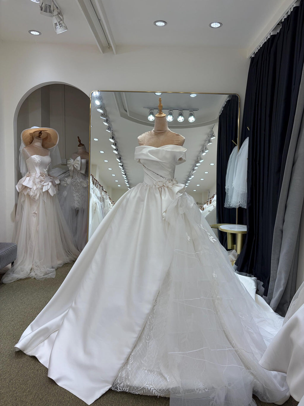 Strapless Draped Satin Ball Gown Wedding Dress, 3D Floral Tulle Bridal Gown With Cathedral Train