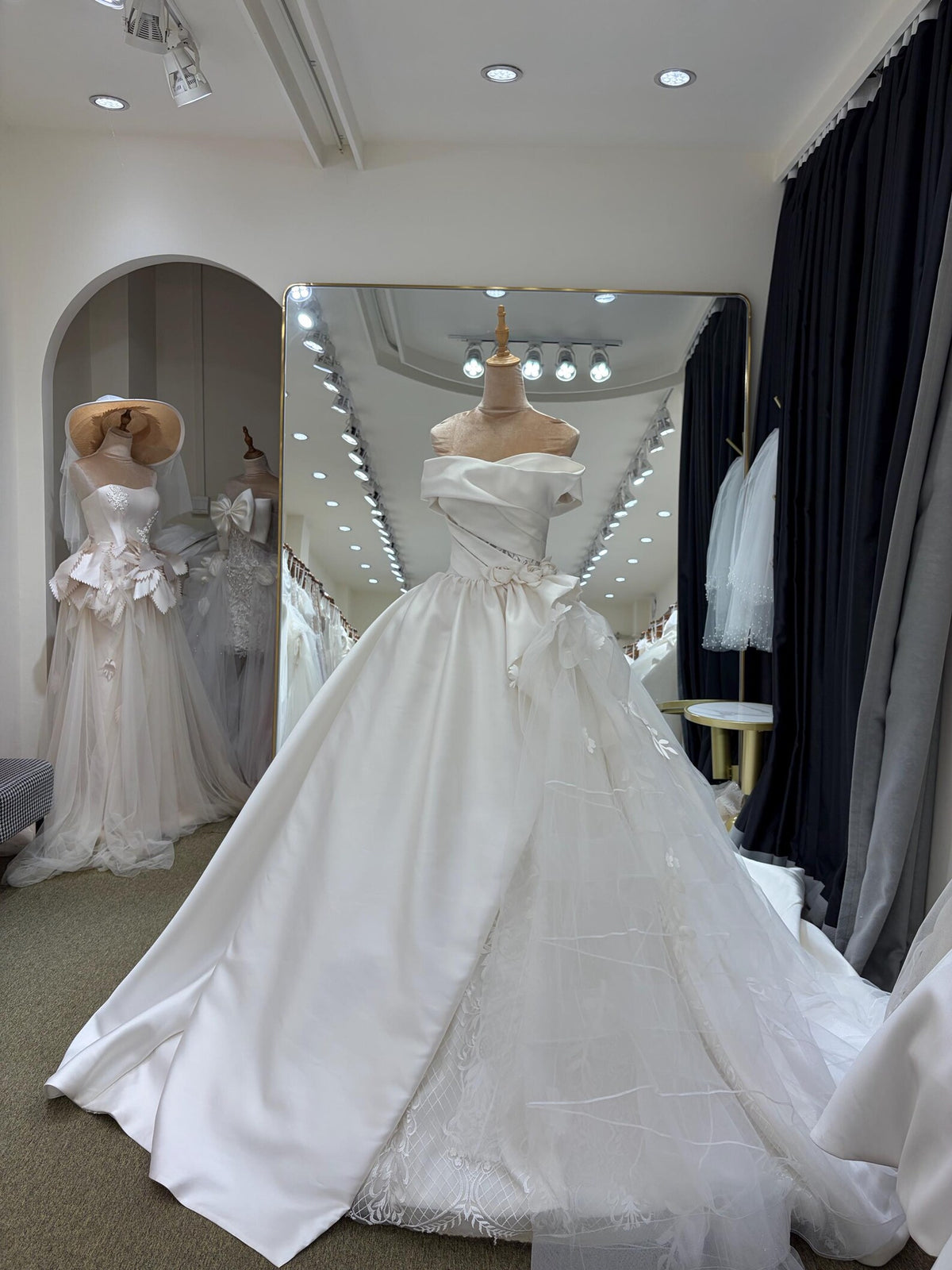 Strapless Draped Satin Ball Gown Wedding Dress, 3D Floral Tulle Bridal Gown With Cathedral Train
