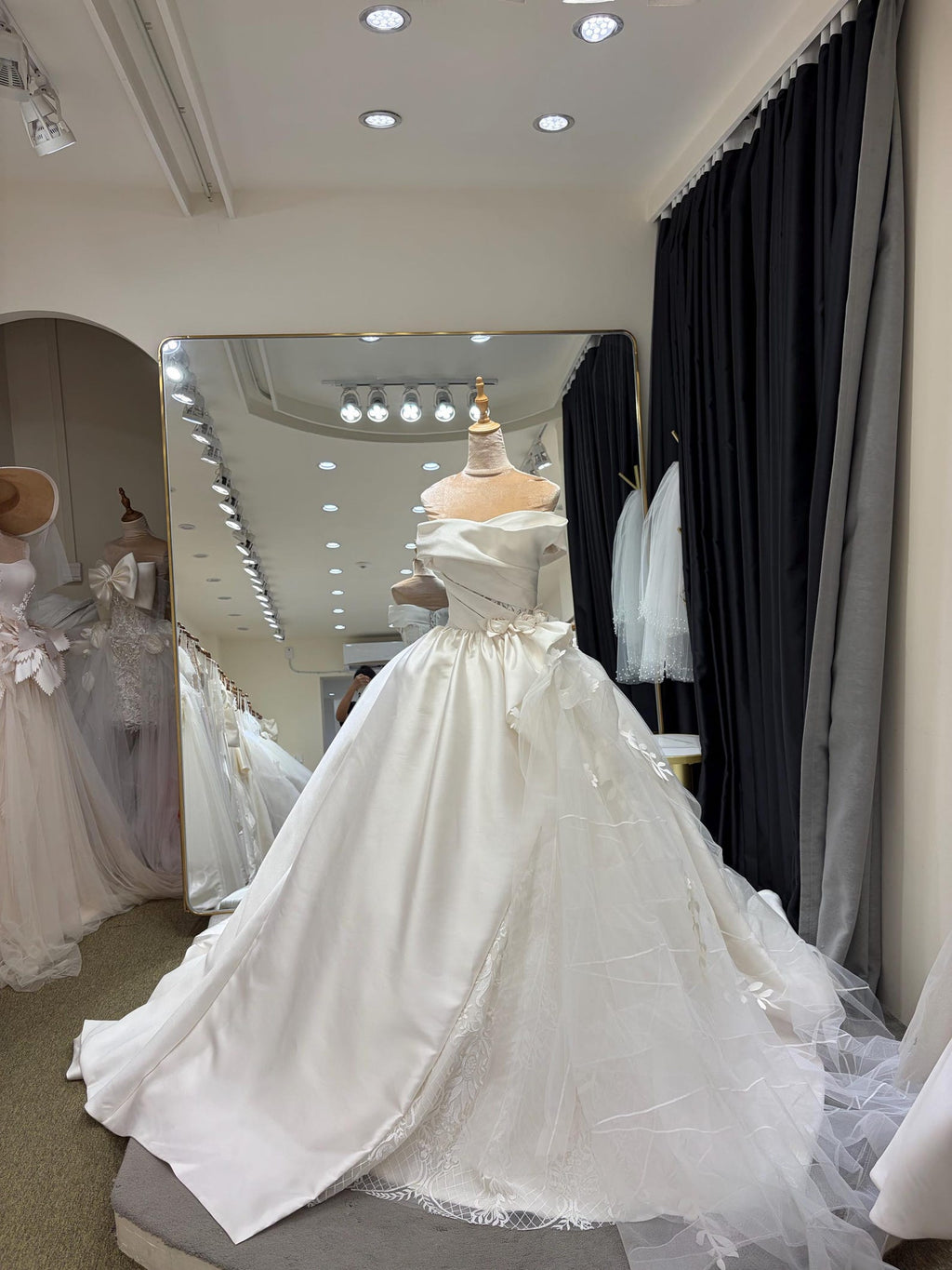 Strapless Draped Satin Ball Gown Wedding Dress, 3D Floral Tulle Bridal Gown With Cathedral Train