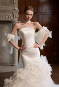 Strapless Mermaid Wedding Dress, Detachable Puffy Sleeves, 3D Floral Tulle Bridal Gown