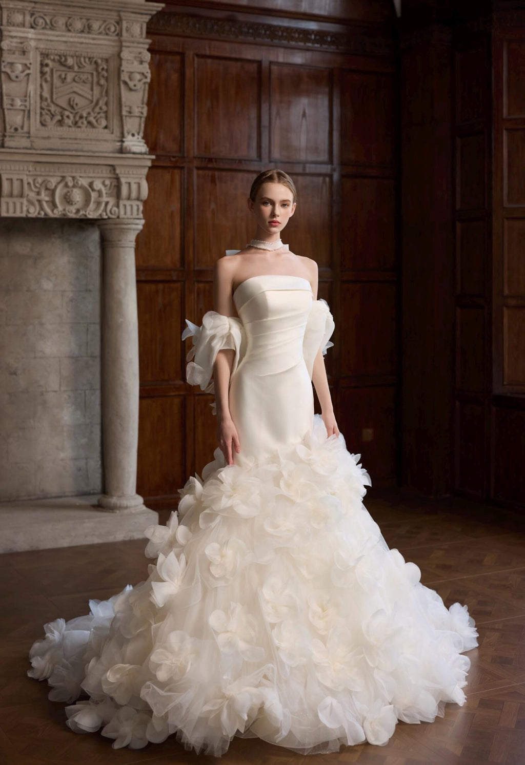 Strapless Mermaid Wedding Dress, Detachable Puffy Sleeves, 3D Floral Tulle Bridal Gown