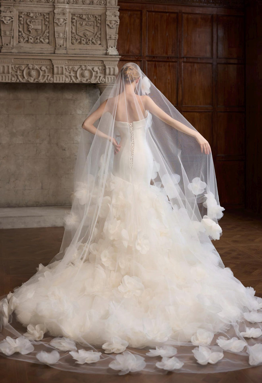Strapless Mermaid Wedding Dress, Detachable Puffy Sleeves, 3D Floral Tulle Bridal Gown