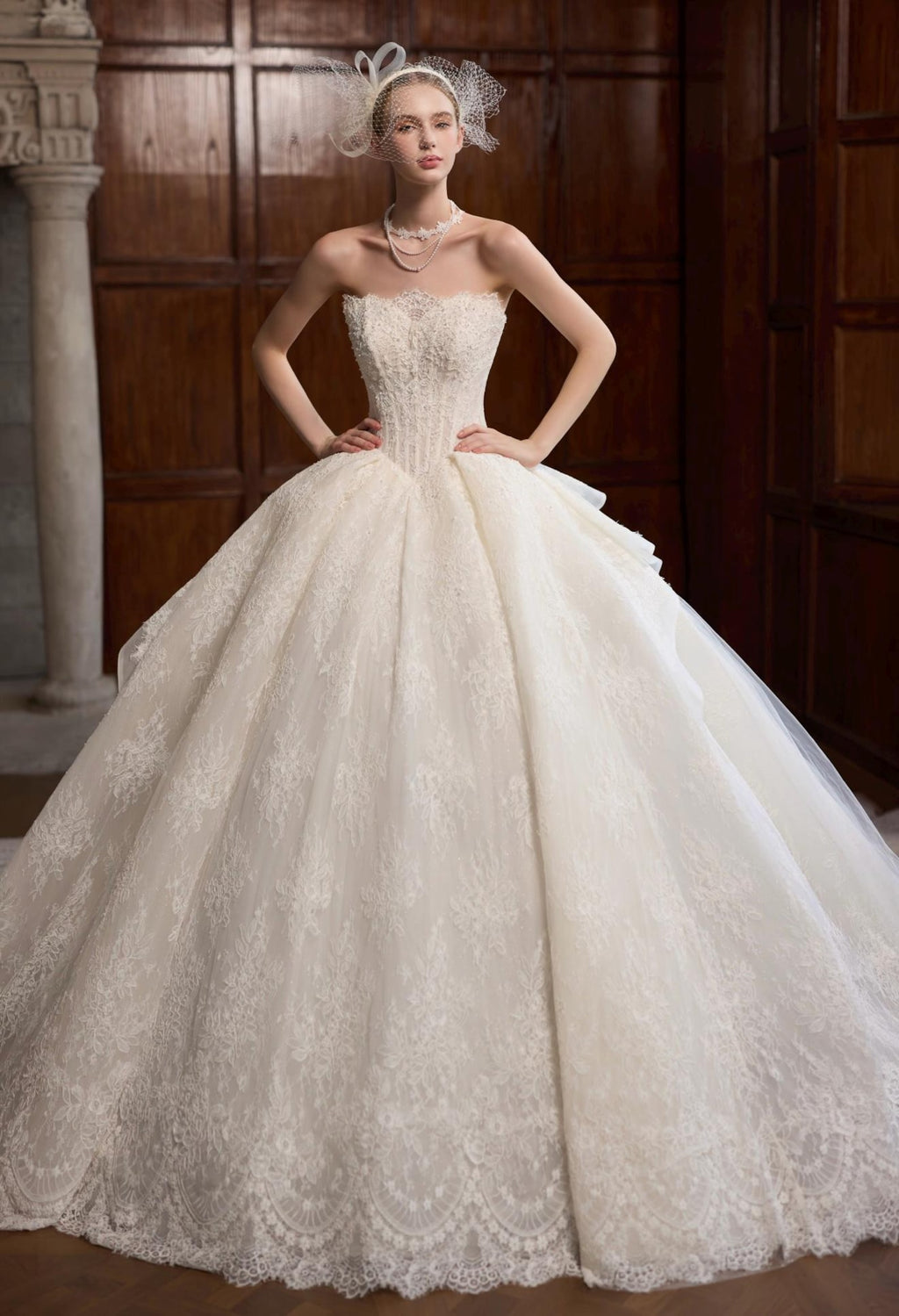 Off Shoulder Lace Ball Gown Wedding Dress, Corset Bodice Bridal Gown With Cathedral Train