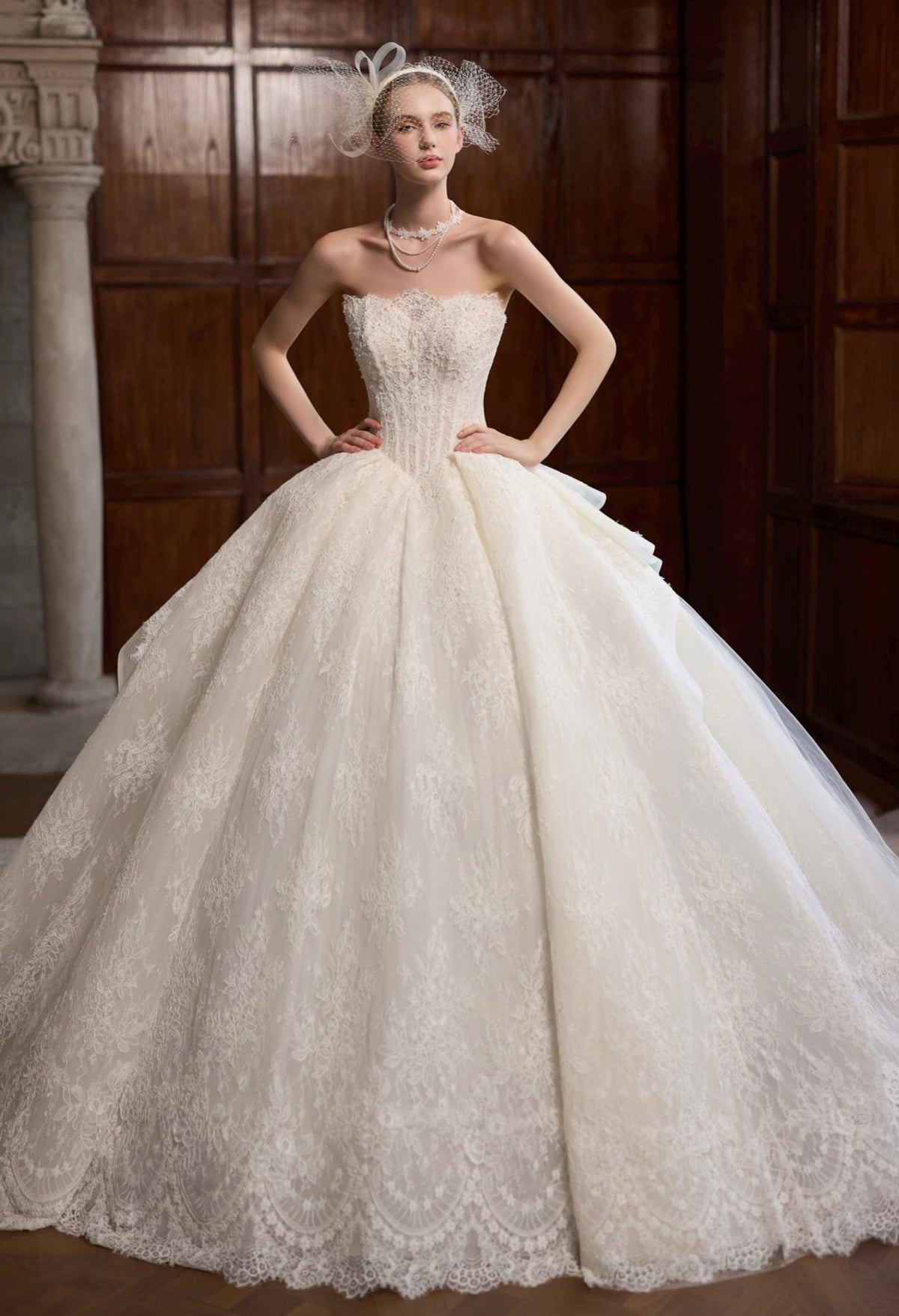 Off Shoulder Lace Ball Gown Wedding Dress, Corset Bodice Bridal Gown With Cathedral Train