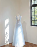 Light Blue Halter Tulle Evening Gown, Sparkle Beaded Deep V Formal Dress, Fairy Prom Dress, Wedding Guest Gown, Custom Long Maxi Dress