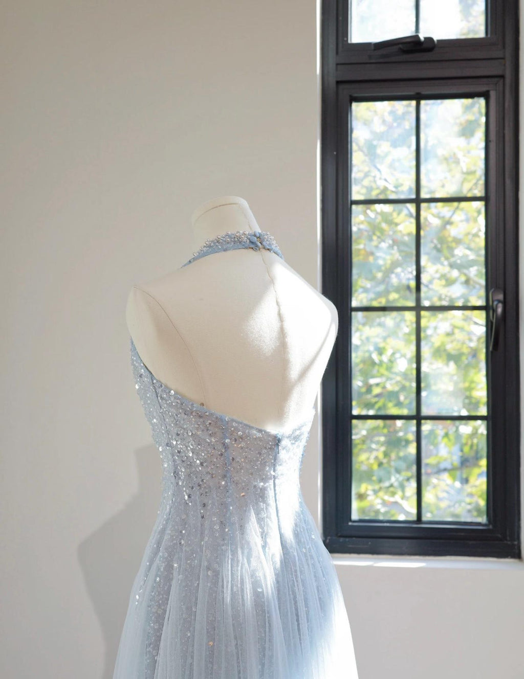 Light Blue Halter Tulle Evening Gown, Sparkle Beaded Deep V Formal Dress, Fairy Prom Dress, Wedding Guest Gown, Custom Long Maxi Dress