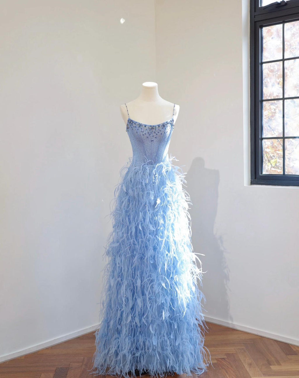Light Blue Spaghetti Strap Feather Evening Gown, Hand Beaded Crystal Bodice Long Prom Dress, Luxury Formal Wedding Guest Gown