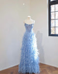 Light Blue Spaghetti Strap Feather Evening Gown, Hand Beaded Crystal Bodice Long Prom Dress, Luxury Formal Wedding Guest Gown