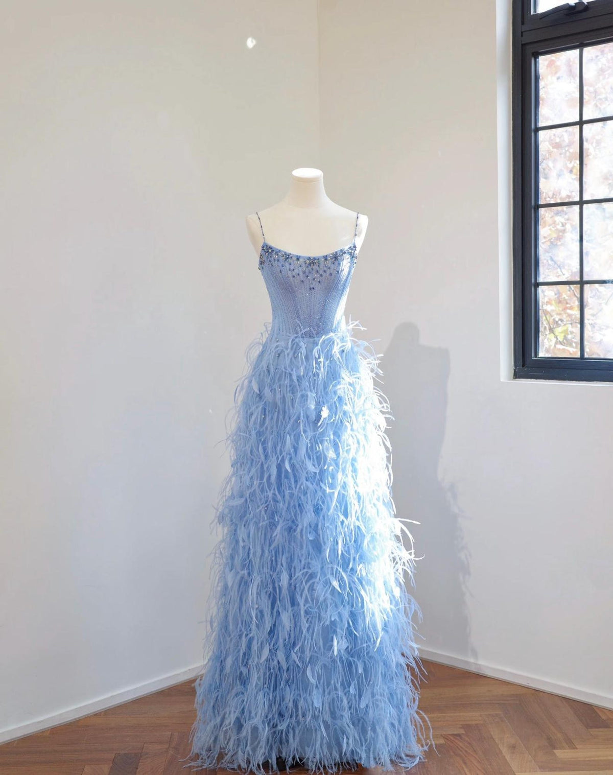 Light Blue Spaghetti Strap Feather Evening Gown, Hand Beaded Crystal Bodice Long Prom Dress, Luxury Formal Wedding Guest Gown