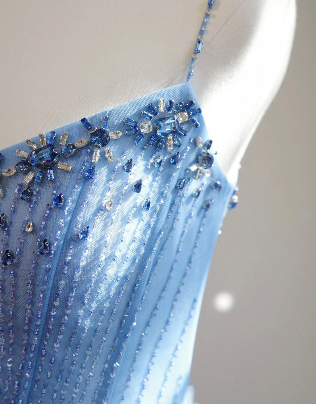 Light Blue Spaghetti Strap Feather Evening Gown, Hand Beaded Crystal Bodice Long Prom Dress, Luxury Formal Wedding Guest Gown