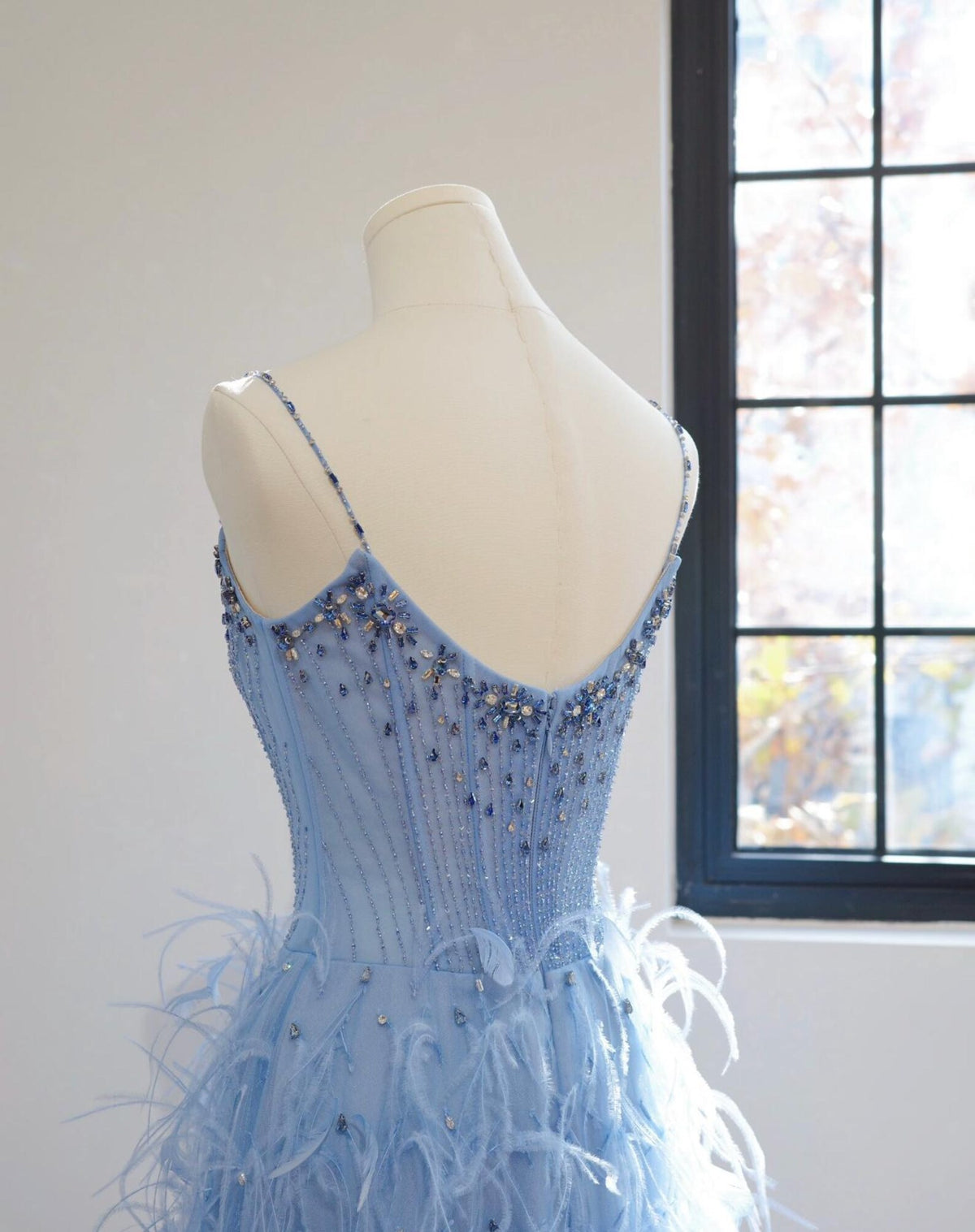 Light Blue Spaghetti Strap Feather Evening Gown, Hand Beaded Crystal Bodice Long Prom Dress, Luxury Formal Wedding Guest Gown