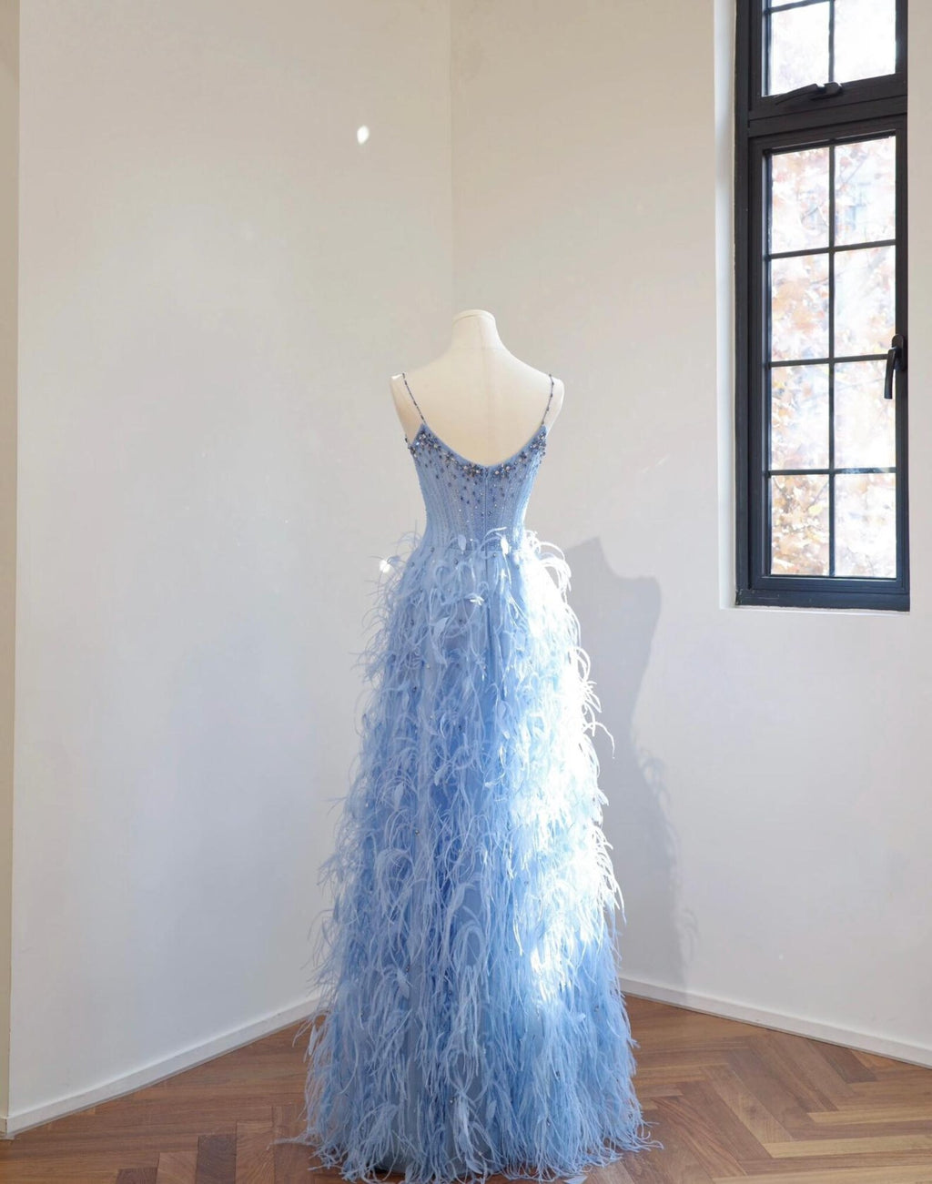 Light Blue Spaghetti Strap Feather Evening Gown, Hand Beaded Crystal Bodice Long Prom Dress, Luxury Formal Wedding Guest Gown