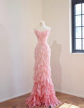Blush Pink Strapless Mermaid Evening Gown, 3D Petal Lace Beaded Formal Dress, Fairy Long Prom & Wedding Guest Gown