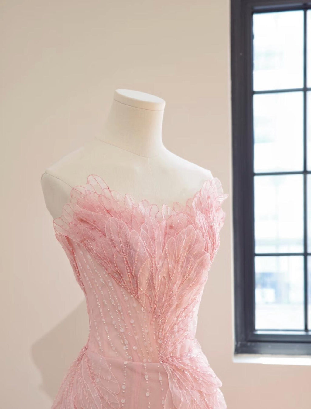 Blush Pink Strapless Mermaid Evening Gown, 3D Petal Lace Beaded Formal Dress, Fairy Long Prom & Wedding Guest Gown