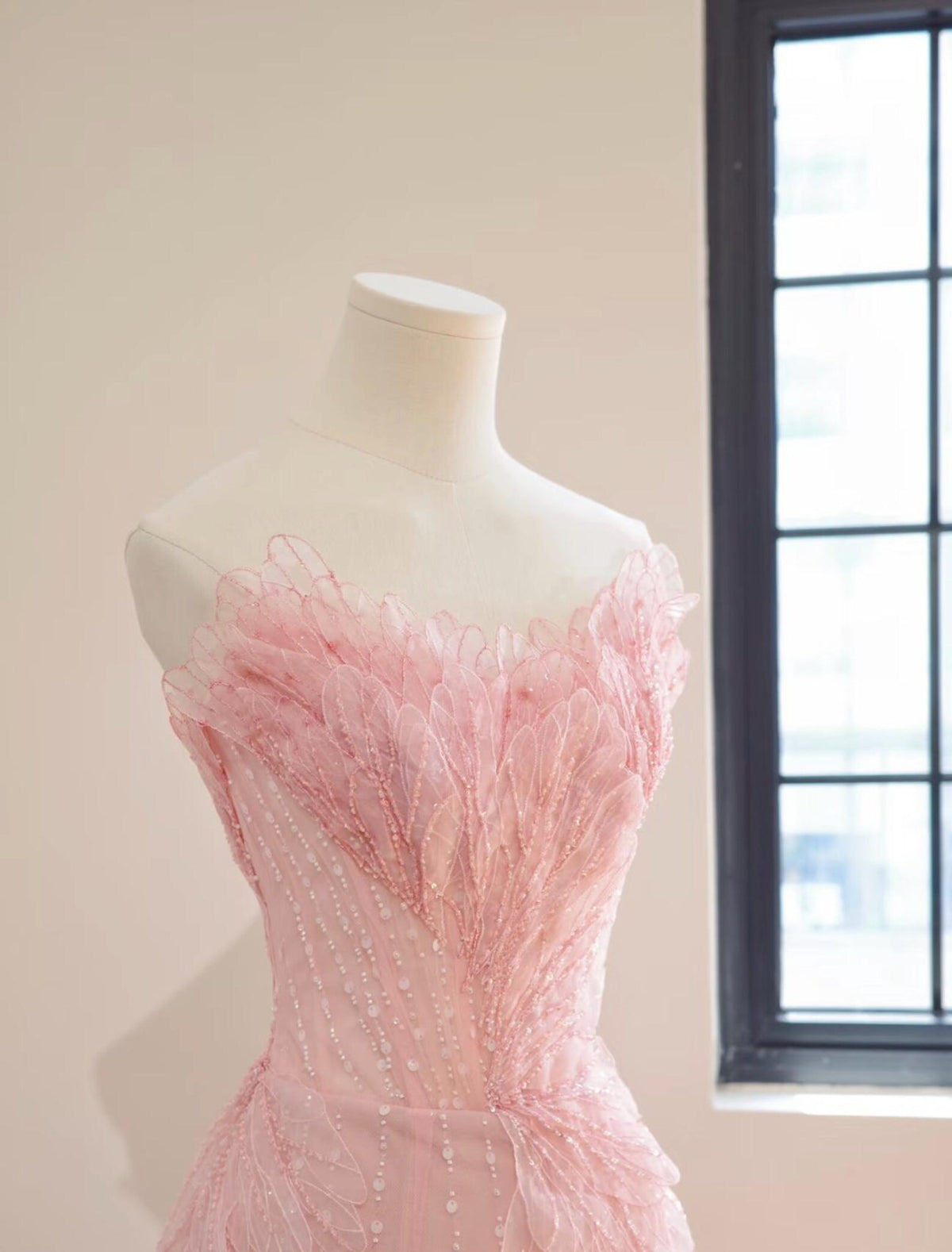 Blush Pink Strapless Mermaid Evening Gown, 3D Petal Lace Beaded Formal Dress, Fairy Long Prom & Wedding Guest Gown