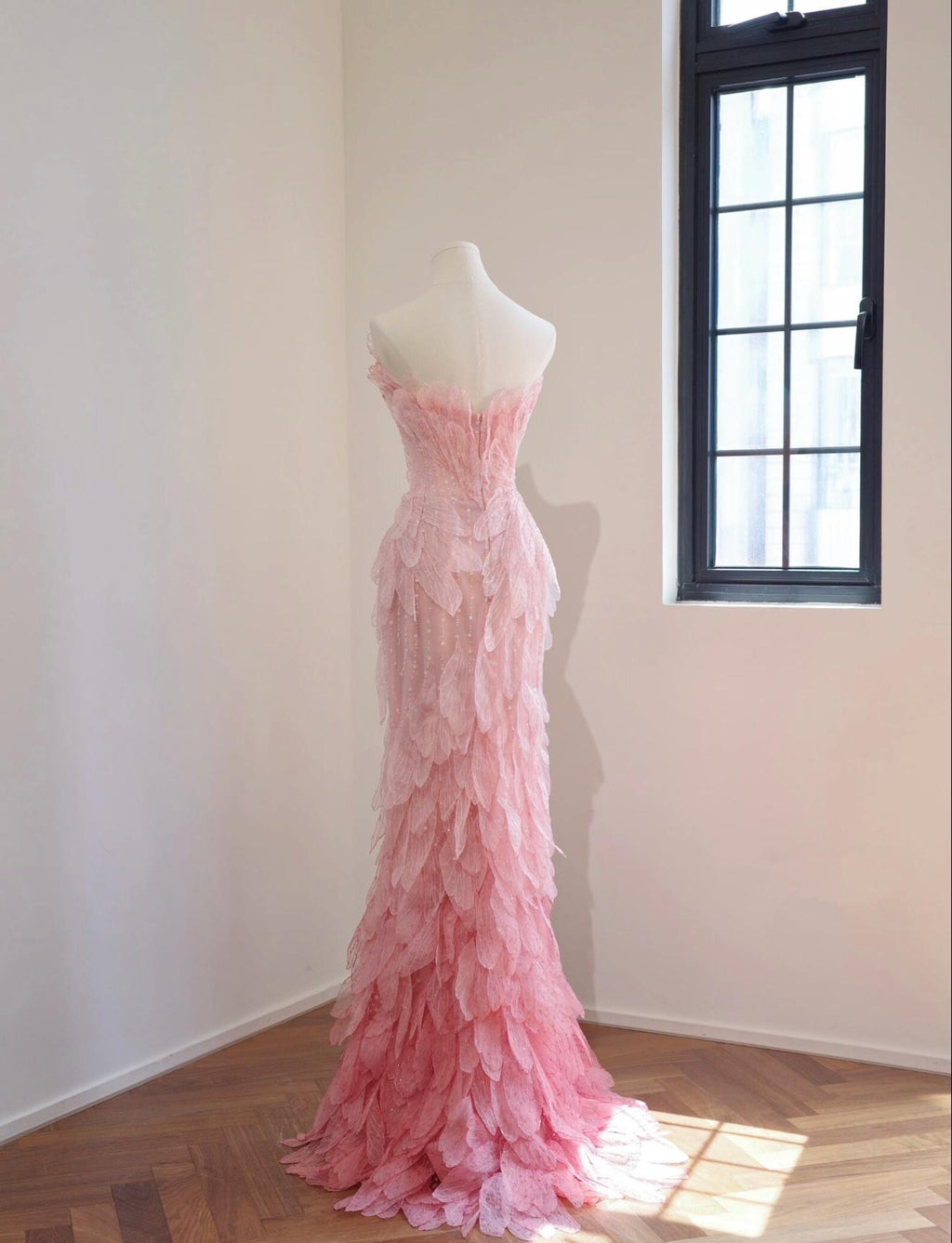 Blush Pink Strapless Mermaid Evening Gown, 3D Petal Lace Beaded Formal Dress, Fairy Long Prom & Wedding Guest Gown