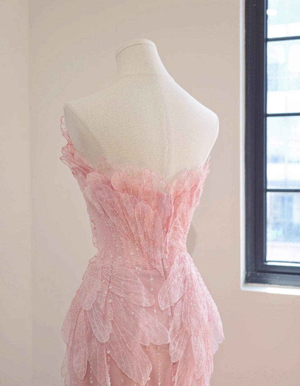 Blush Pink Strapless Mermaid Evening Gown, 3D Petal Lace Beaded Formal Dress, Fairy Long Prom & Wedding Guest Gown