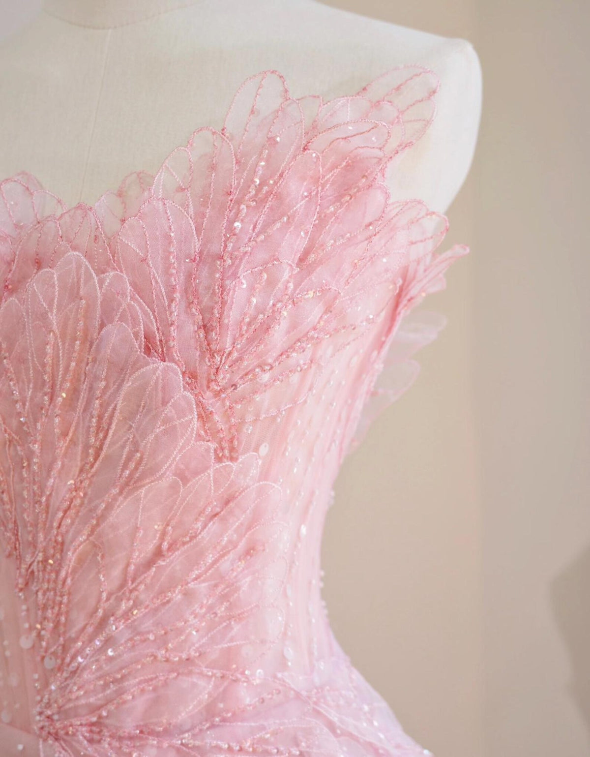 Blush Pink Strapless Mermaid Evening Gown, 3D Petal Lace Beaded Formal Dress, Fairy Long Prom & Wedding Guest Gown