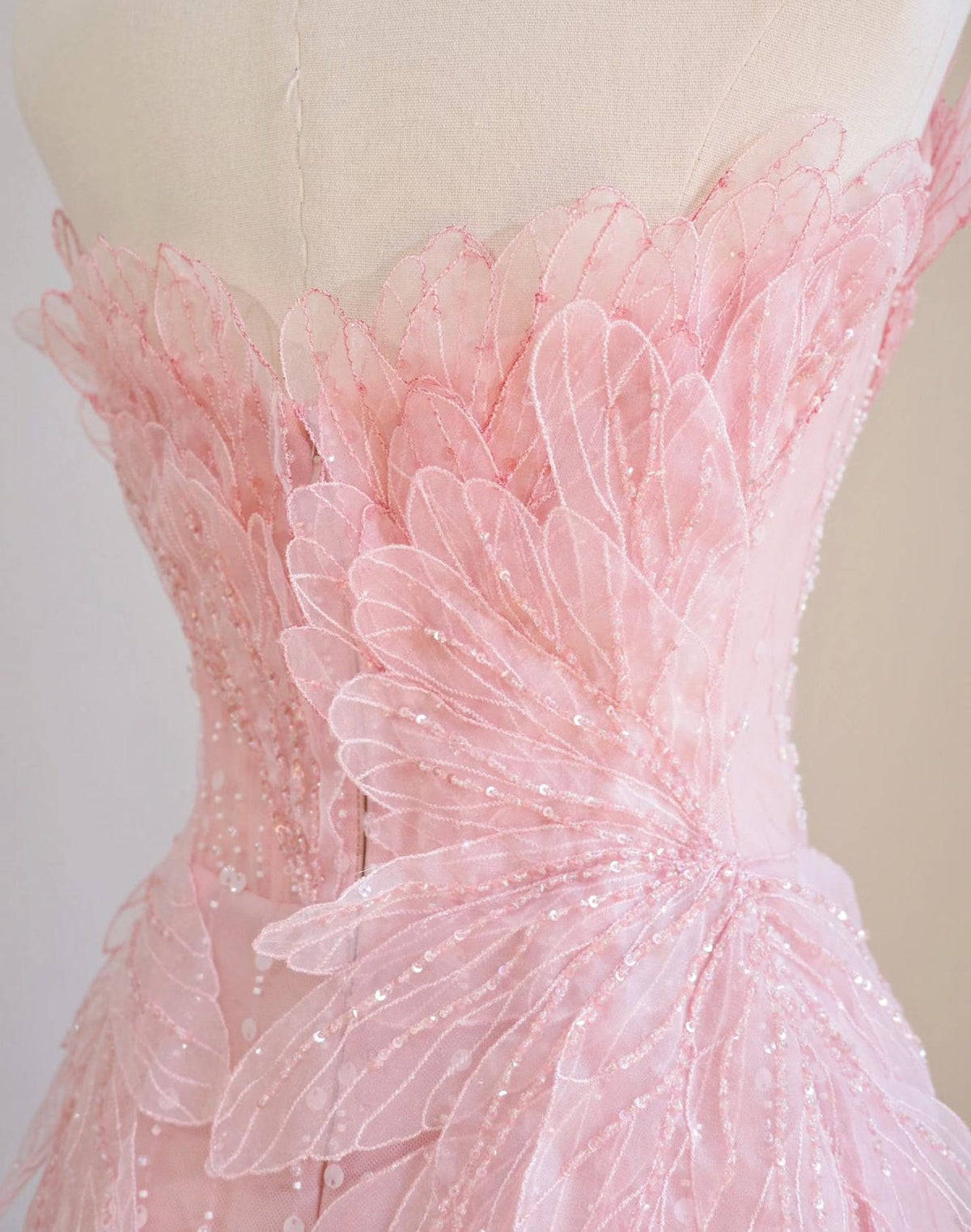 Blush Pink Strapless Mermaid Evening Gown, 3D Petal Lace Beaded Formal Dress, Fairy Long Prom & Wedding Guest Gown
