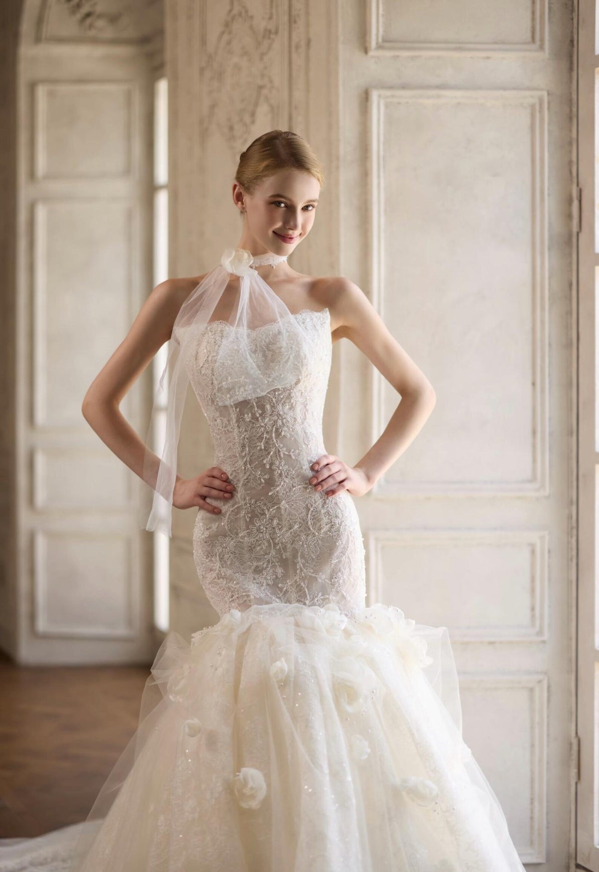 Off The Shoulder Lace Mermaid Wedding Dress with 3D Florals, Sparkly Tulle Bridal Gown with Chapel Train, Romantic Floral Wedding Gown