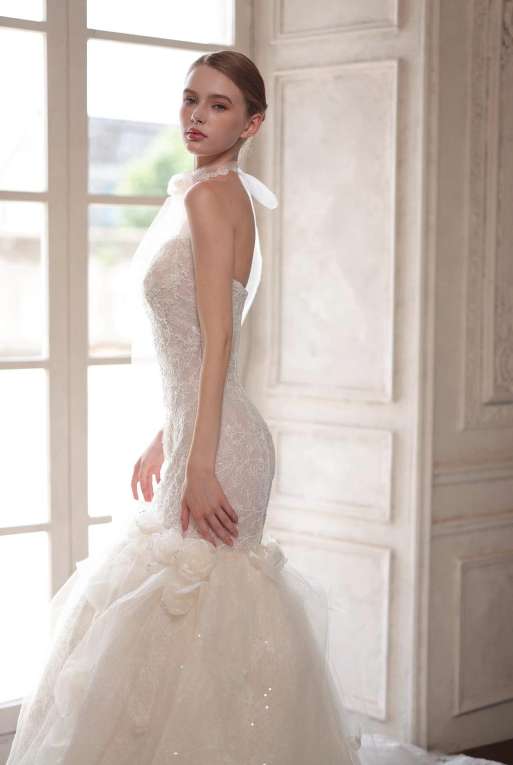Off The Shoulder Lace Mermaid Wedding Dress with 3D Florals, Sparkly Tulle Bridal Gown with Chapel Train, Romantic Floral Wedding Gown