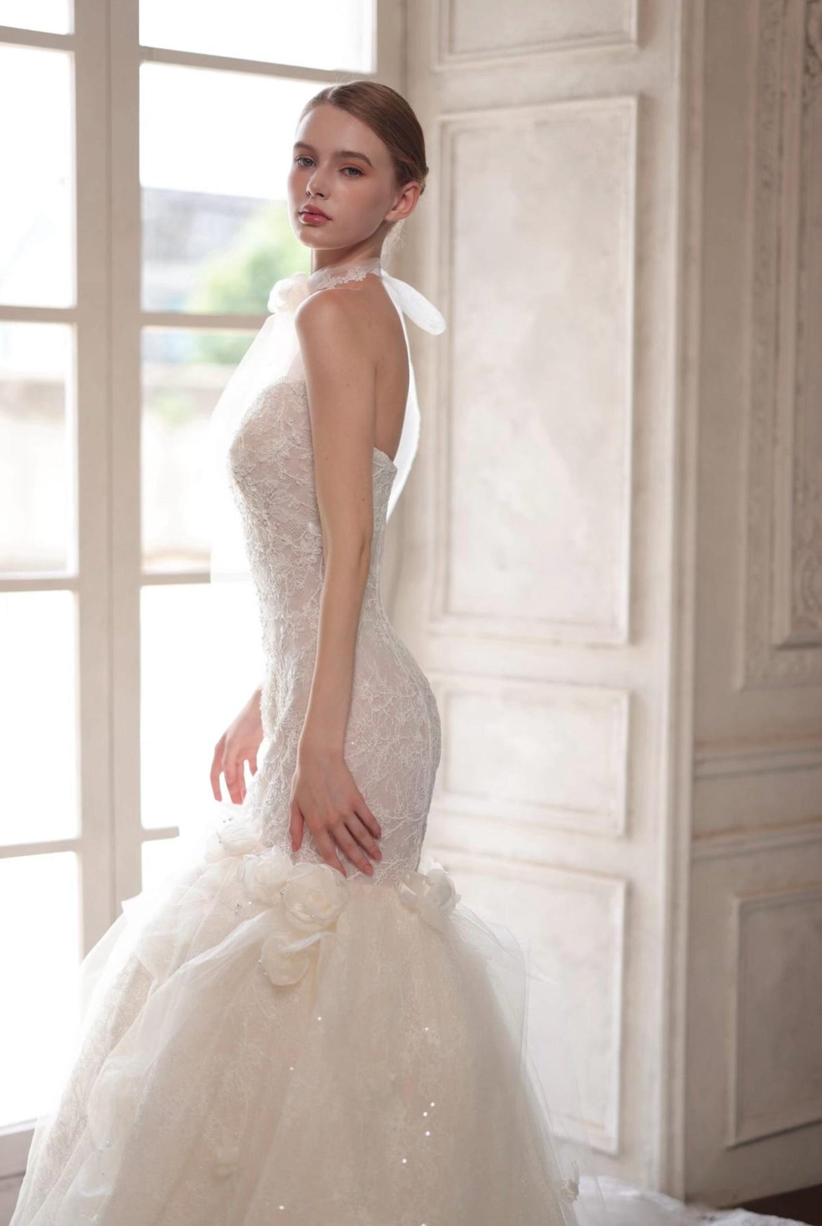 Off The Shoulder Lace Mermaid Wedding Dress with 3D Florals, Sparkly Tulle Bridal Gown with Chapel Train, Romantic Floral Wedding Gown