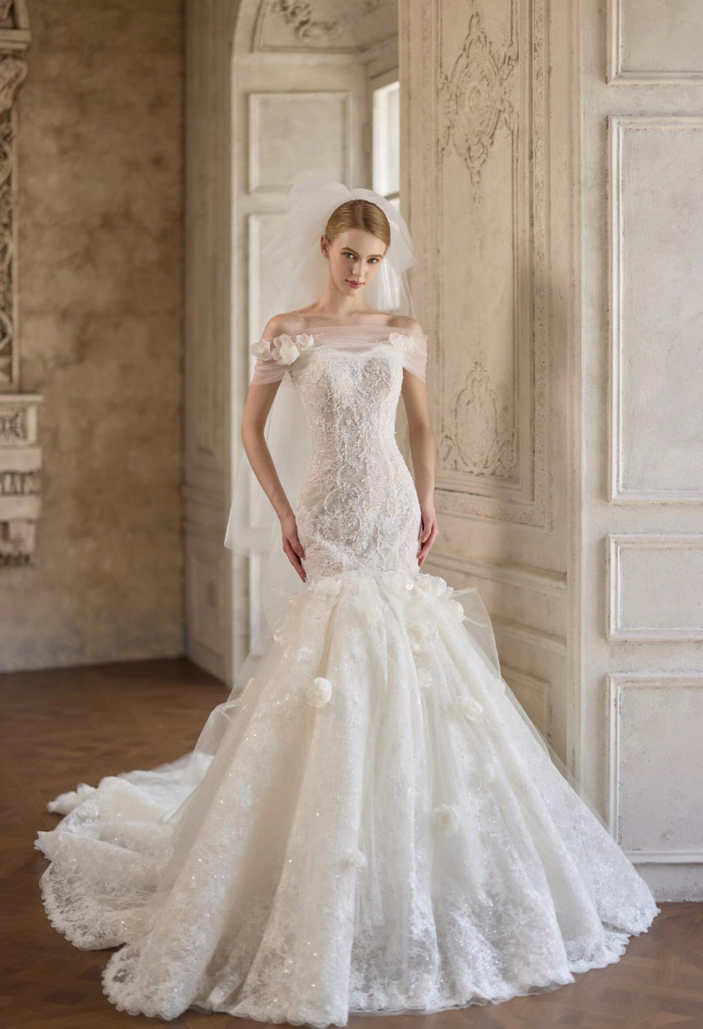 Off The Shoulder Lace Mermaid Wedding Dress with 3D Florals, Sparkly Tulle Bridal Gown with Chapel Train, Romantic Floral Wedding Gown