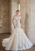 Off The Shoulder Lace Mermaid Wedding Dress with 3D Florals, Sparkly Tulle Bridal Gown with Chapel Train, Romantic Floral Wedding Gown