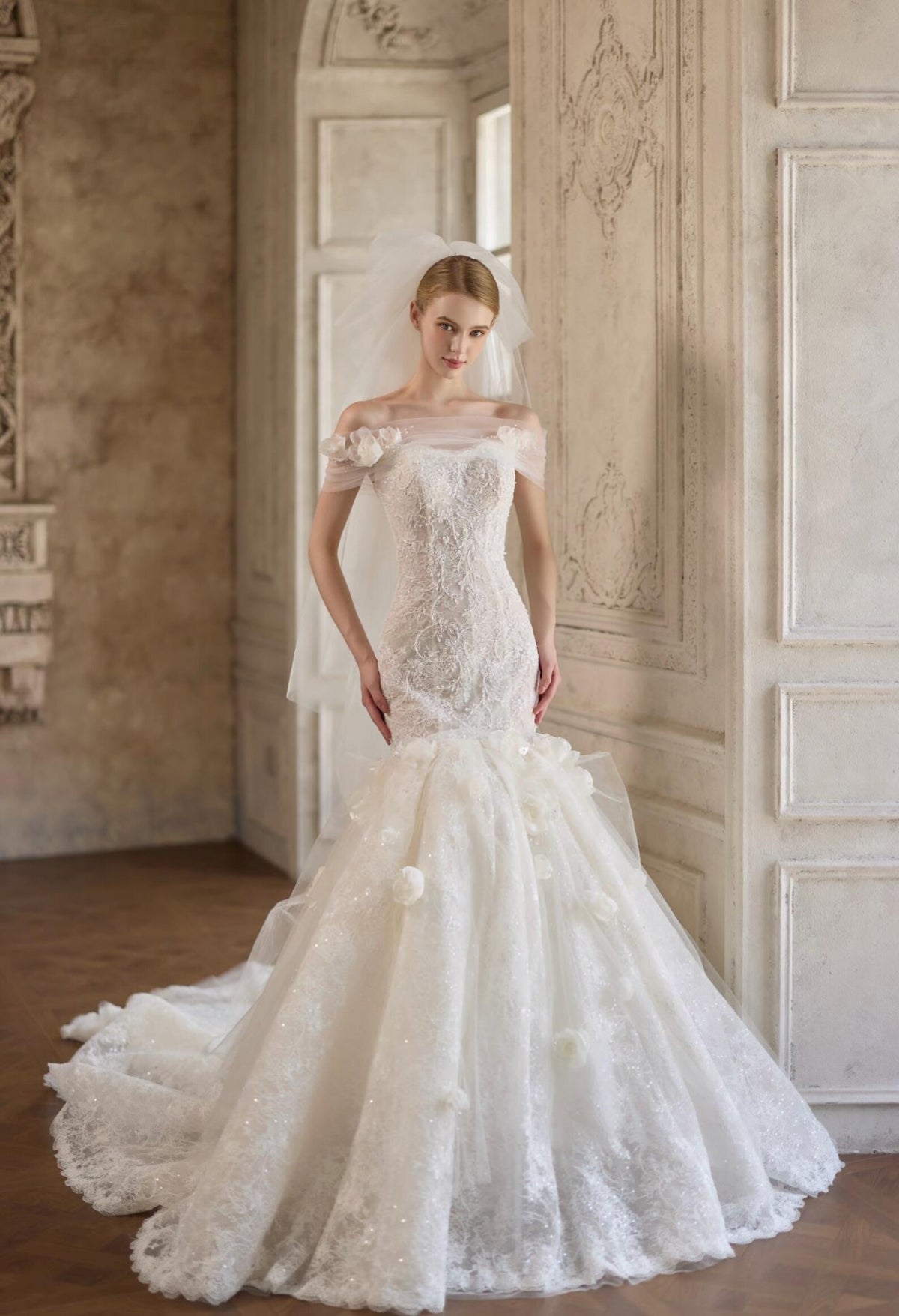 Off The Shoulder Lace Mermaid Wedding Dress with 3D Florals, Sparkly Tulle Bridal Gown with Chapel Train, Romantic Floral Wedding Gown