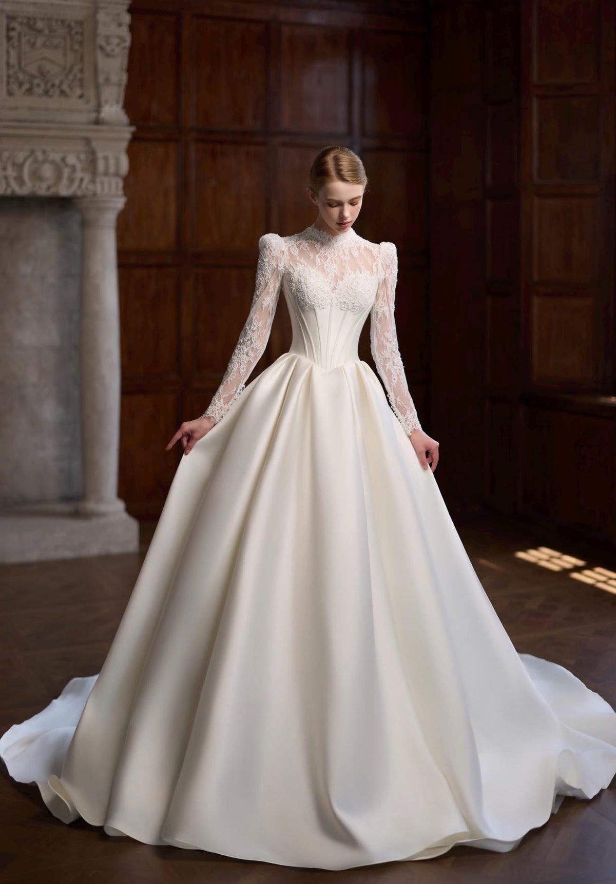 High Neck Illusion Lace Long Sleeve Satin Ballgown Wedding Dress, Corset Bodice Bridal Gown with Chapel Train, Vintage Royal Wedding Gown