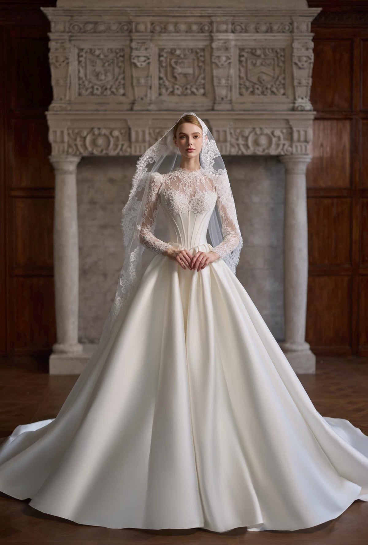 High Neck Illusion Lace Long Sleeve Satin Ballgown Wedding Dress, Corset Bodice Bridal Gown with Chapel Train, Vintage Royal Wedding Gown