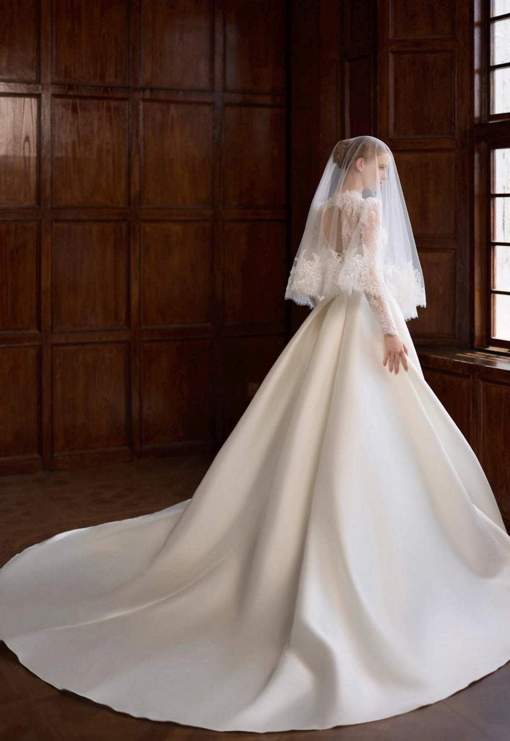 High Neck Illusion Lace Long Sleeve Satin Ballgown Wedding Dress, Corset Bodice Bridal Gown with Chapel Train, Vintage Royal Wedding Gown