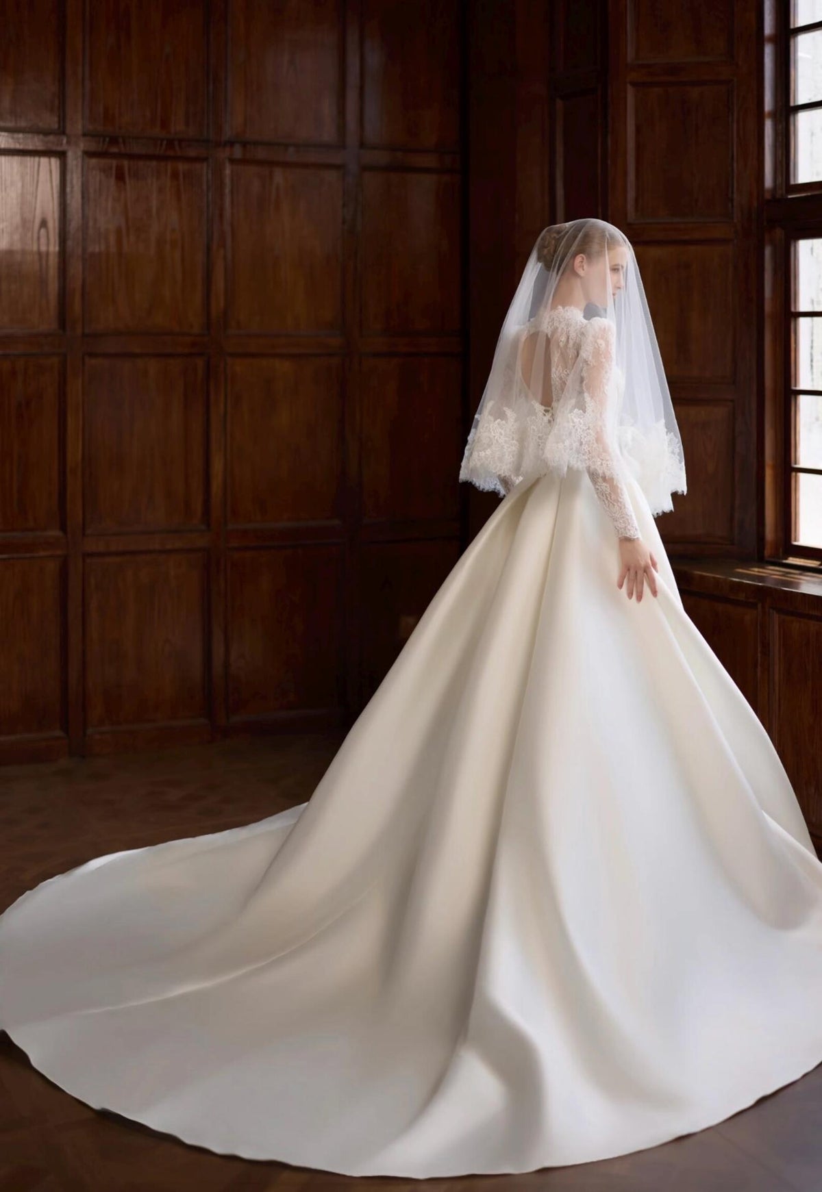 High Neck Illusion Lace Long Sleeve Satin Ballgown Wedding Dress, Corset Bodice Bridal Gown with Chapel Train, Vintage Royal Wedding Gown
