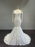 Off the Shoulder Mermaid Wedding Dress, Sparkle Tulle Lace Bridal Gown, Deep V Neck Floral Appliqué Wedding Gown with Train